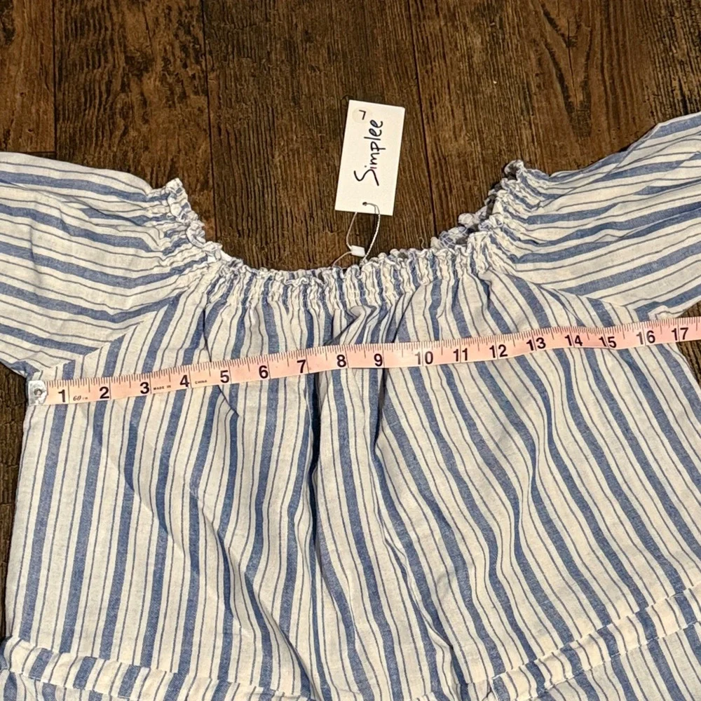 Simplee Apparel Blue And White Pinstripes Off the Shoulder Romper Women L
